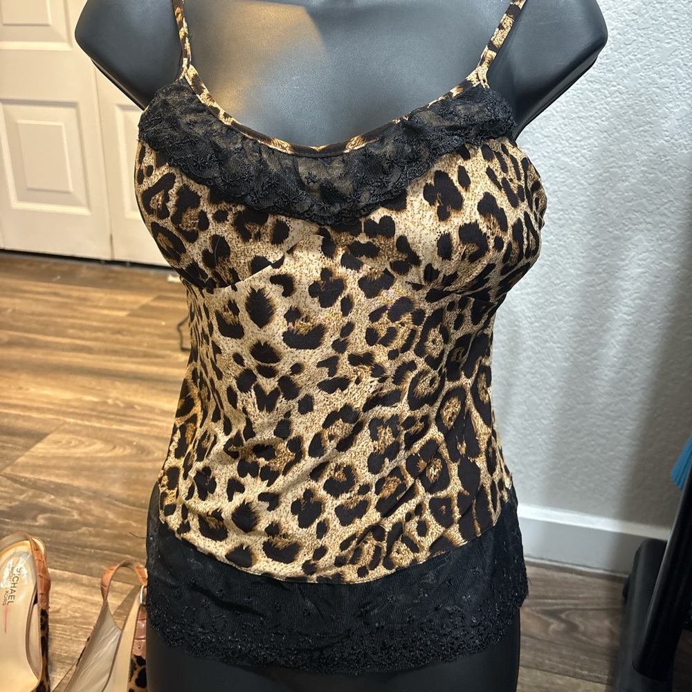 Leopard Print Camisole with Lace Trim